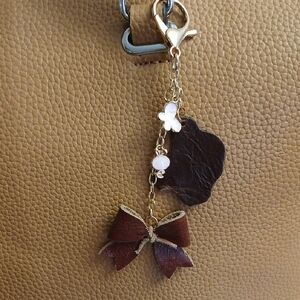 Brown Leather Bow Keychain Accessory